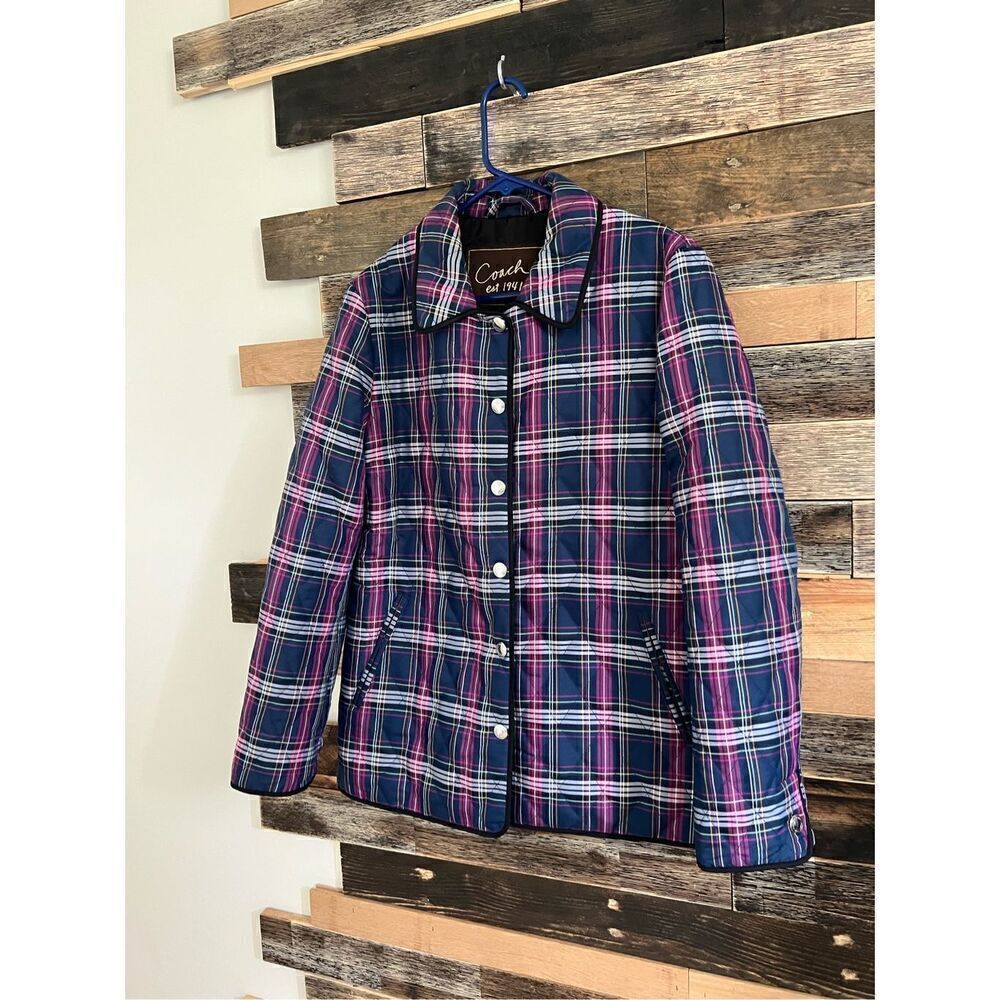 Coach Quilted Navy Blue & Purple Plaid Print Long Sleeve Snap Front Jacket Sz M